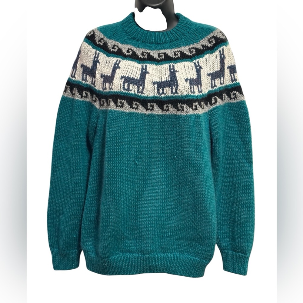 Teal Handknit Sweater with Llama Pattern